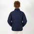 A navy puffer jacket seen from the back, featuring horizontal quilted detailing and a standalone collar.
