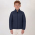 A navy puffer jacket with a zip closure and ribbed texture, designed for youth, worn by a model.