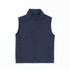A navy softshell vest featuring a high collar and multiple zippered pockets. It has a logo on the front.