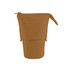 A canvas expandable pencil case in a warm brown colour, featuring a zip closure and a logo.