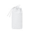 A white foldable drawstring pencil case with a rounded top and a logo on one side.
