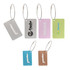 Brushed aluminium luggage tags in various colours, featuring a logo on some, with metal attachment loops.