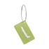 A green brushed aluminium luggage tag with a cable attachment and a plane-shaped cutout design.