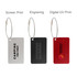 Three luggage tags in various colours: silver, black, and red, each with different printing styles and a metal loop.