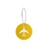 A yellow round luggage tag featuring a cut-out airplane design, secured with a metal wire cable.