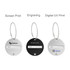 Three round wire cable luggage tags in silver, black, and a colourful design, featuring space for names and branding.