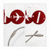 A red luggage tag with a plane cutout, featuring a cable attachment and a blank information area.