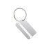 A brushed aluminium luggage tag with a silver finish and a metal wire attachment for secure fastening.