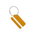 A square brushed aluminium luggage tag in gold with a silver attachment and a white name section.