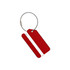 A red square aluminium luggage tag with a silver attachment and a white space for a name.