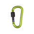 A green D-shaped screw lock keychain with a black locking mechanism and a smooth finish.