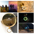 A gold compass with a logo, featuring luminous details and surrounded by scenic outdoor hiking images.