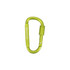 A green D-shaped camping carabiner with a secure locking mechanism and a logo.