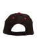 A black suede peak cap with red accents on the back and eyelets, featuring a logo.