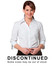 A woman wearing a white, check-patterned 3/4 sleeve shirt with a collar and a logo on the chest.