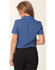 A blue women's short sleeve shirt with a collar, featuring a logo on the back.