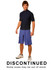 A man wearing navy surf shorts made of 100% polyester, styled with a short-sleeve top. The shorts are a light blue shade.