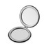 A compact mirror with a shiny silver finish, featuring two reflective surfaces inside. It has a branding logo.