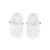 White clog slides with ventilation holes, featuring a simple design and a black button on the side.