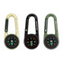 A set of three carabiner compasses in gold, black, and army green, each featuring a compass and thermometer.