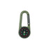 A green carabiner featuring a compass and thermometer, with a black dial showing cardinal directions.