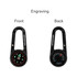 A black carabiner featuring a compass on one side and a thermometer on the other.