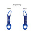 A drink bottle holder with a blue rubber grip and a blue carabiner clip, featuring a logo.