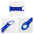 A drink bottle holder in blue with a carabiner clip, featuring a loop and strap design, and a logo.
