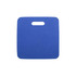 A blue promotional stadium seat cushion with a cut-out handle for easy carrying.