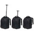 A black trolley backpack with adjustable straps and a retractable handle, displayed in three different positions.