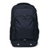 A dark navy backpack featuring multiple compartments and zippers, with a logo on the front.