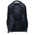 A black Metro-Lock backpack featuring padded shoulder straps and a mesh back for comfort. It has a logo on its surface.