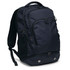 A navy blue backpack with multiple zippers and compartments, featuring a logo on the front.