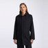 A wool jacket in black with a simple collar and side pockets, featuring a branding logo.