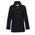 A black wool jacket with a collar and two side pockets, featuring a logo on the inner label.