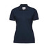 A women's polo shirt in navy blue featuring a collar and a branded logo.