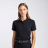 A women's polo shirt in black with a classic collar and short sleeves. It features a logo on the chest.