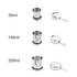 Compact stainless steel folding cups in silver, available in 55ml, 140ml, and 250ml sizes, with storage lids.