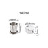 A stainless steel folding cup in a silver finish, featuring dimensions for a 140ml capacity and a compact design.