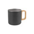 A stainless steel insulated mug in matte black with a wooden handle, featuring a logo.