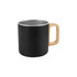 A black stainless steel insulated mug with a wooden handle, featuring a smooth finish and a simple design.