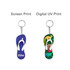A pair of colourful EVA floating keychains shaped like thongs, featuring two different designs with a metal keyring.