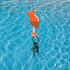 An orange fish-shaped EVA floating keychain with keys attached, floating on the surface of a blue pool.