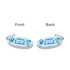 A blue oval keychain features tropical designs with a silver chain. Both sides display the same motivational text and graphics.