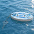 A floating keychain in blue and white, featuring a design with a key and a logo, on a water surface.