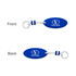 A blue EVA floating keychain with a white cord and a metal ring. It features a logo on both sides.