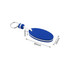 A blue EVA floating keychain with white stripes and a loop for attachment, featuring a metal ring.