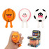 A collection of squishy stress relief sport balls in orange, white, and red, with cartoon faces and feet. Packaging included.