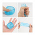A squishy blue stress relief snowflake cube is being manipulated in various ways, showcasing its pliability and texture.