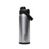 A drink bottle in stainless steel with a black lid and a carry handle, featuring a logo.